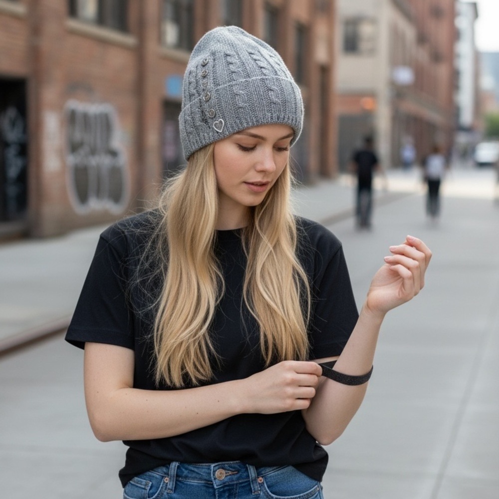 Chaps lamb wool blend knitted light gray beanie with buttons detail Women’s M